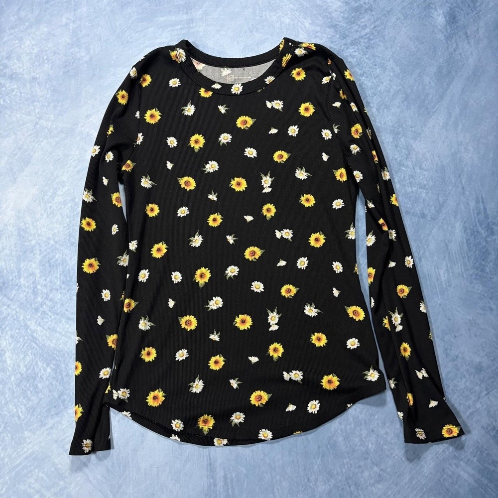 Black sunflower print long sleeve top with tie detail